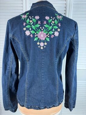 DCC Stretch Denim Blazer Jacket Floral Embroidered Blue Jean Medium M